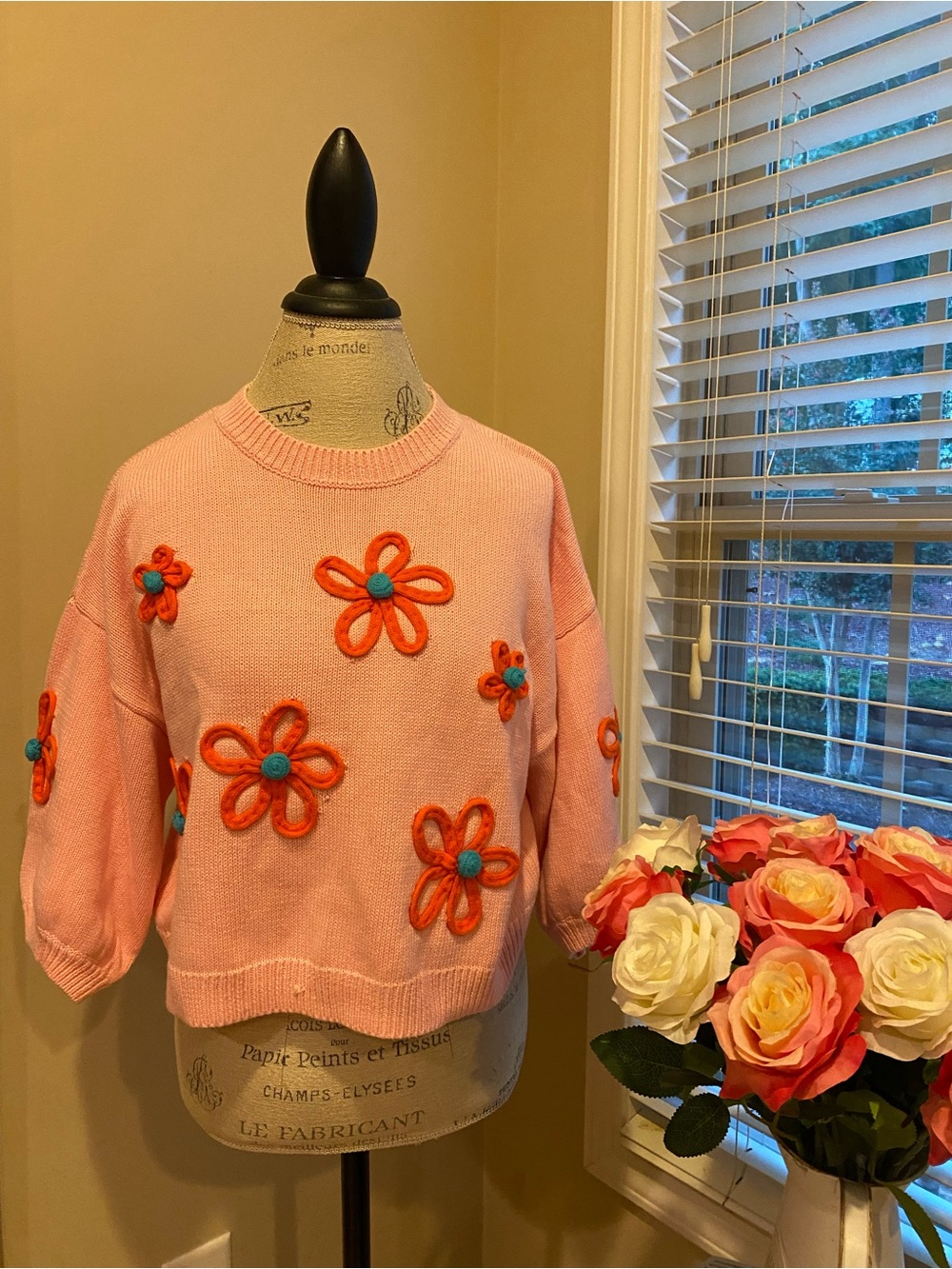 Zara Pink Crewneck Sweater with Orange Floral Appliqués and Turquoise Centers